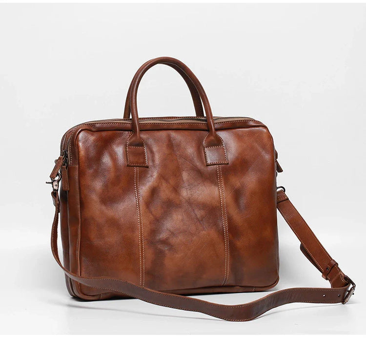 Vegetable Tanning Leather Large Briefcase,Business Laptop Handle Bag-5