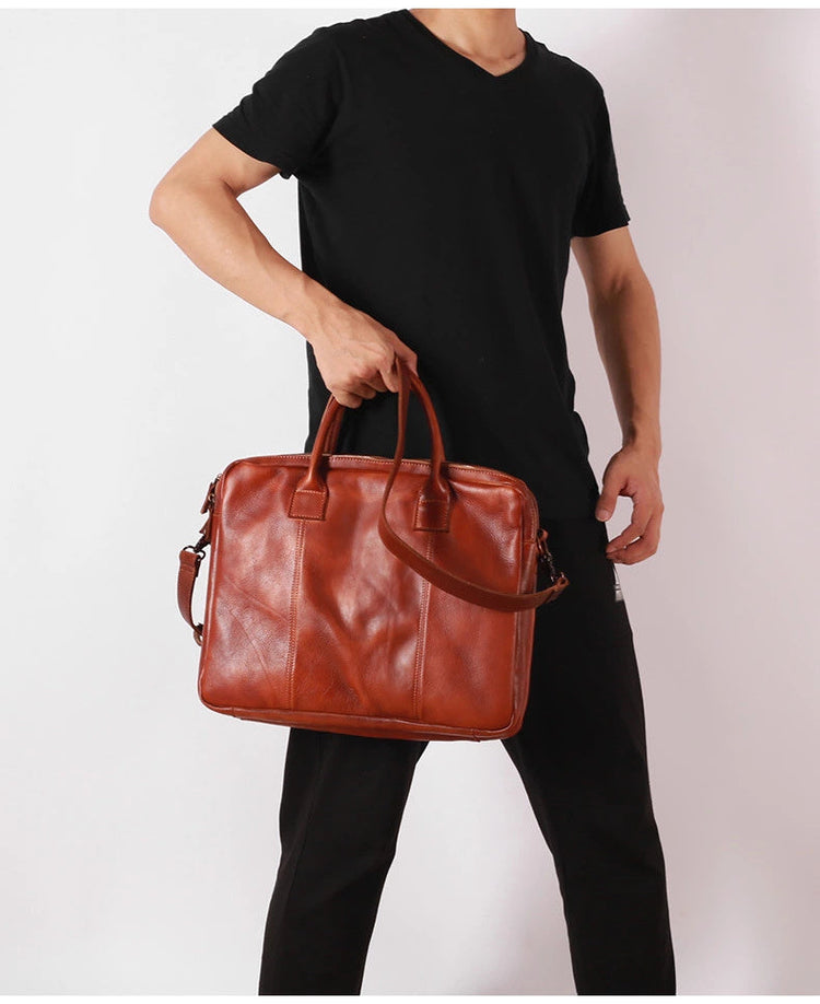 Vegetable Tanning Leather Large Briefcase,Business Laptop Handle Bag-1