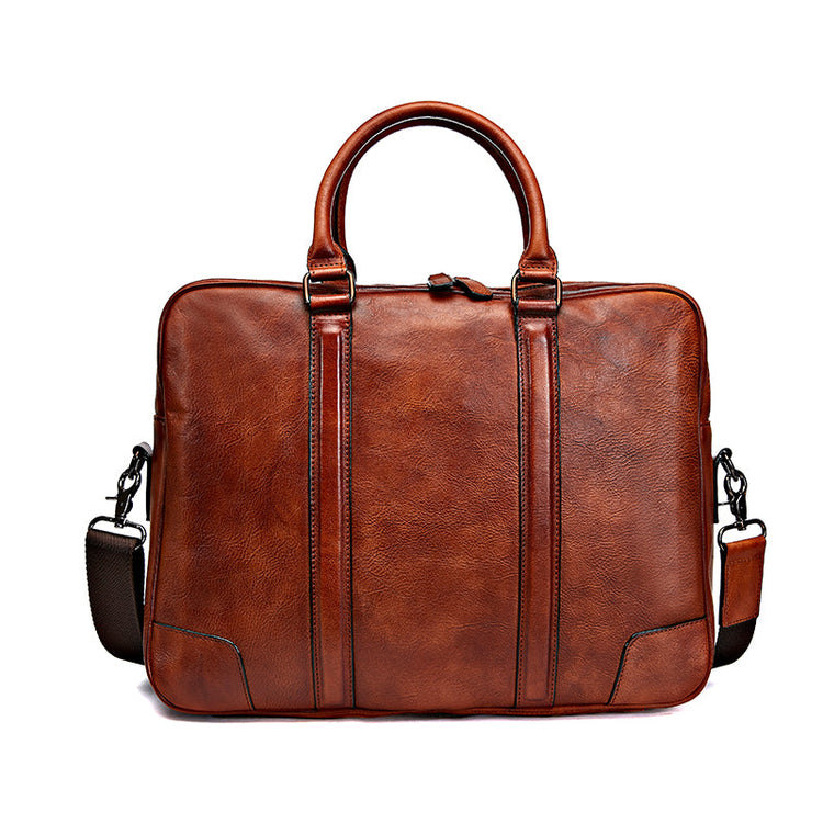Vintage Calfskin Leather Large Briefcase,Business Laptop Cross Body Shoulder Bag-0