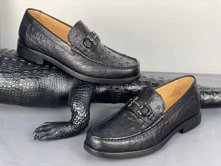 Ostrich Leather Shoes Ostrich Loafer Slip-On Shoes Black-1