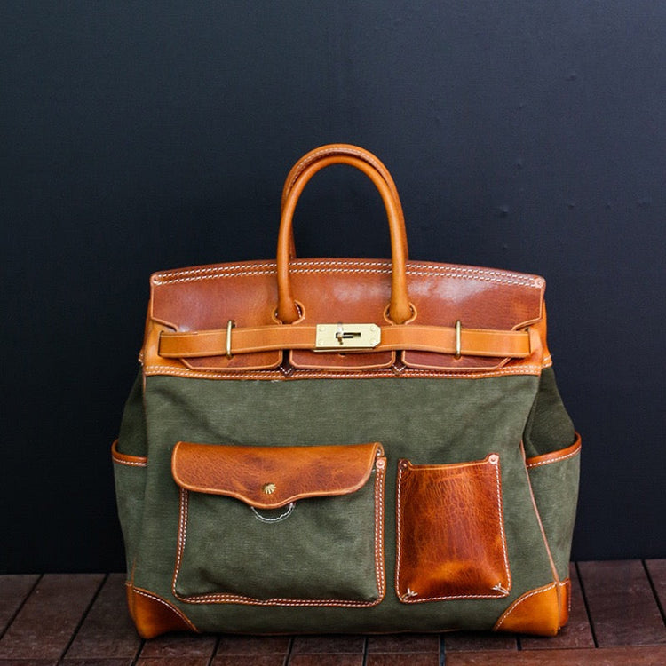Unisex New Oversize Genuine Vintage Oil Wax Leather Top Handle Canvas Bag-1
