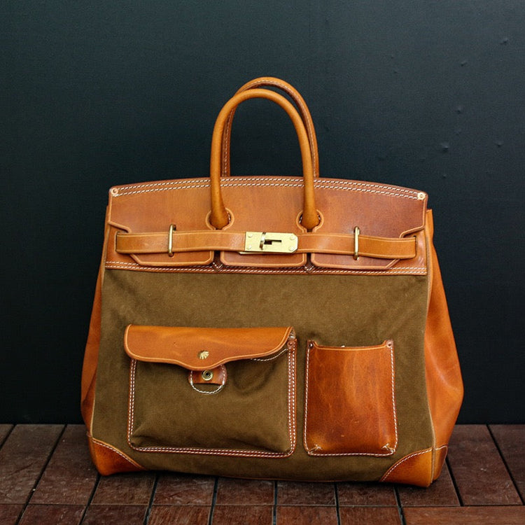 Unisex New Oversize Genuine Vintage Oil Wax Leather Top Handle Canvas Bag-2
