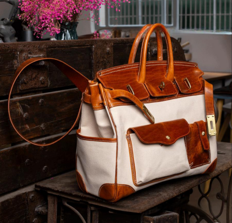 Unisex New Oversize Genuine Vintage Oil Wax Leather Top Handle Canvas Bag-4