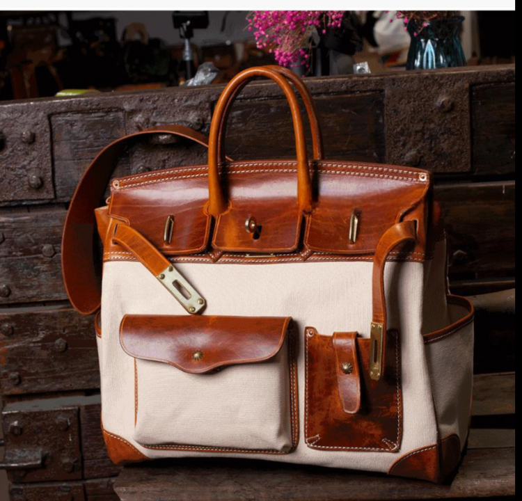 Unisex New Oversize Genuine Vintage Oil Wax Leather Top Handle Canvas Bag-3