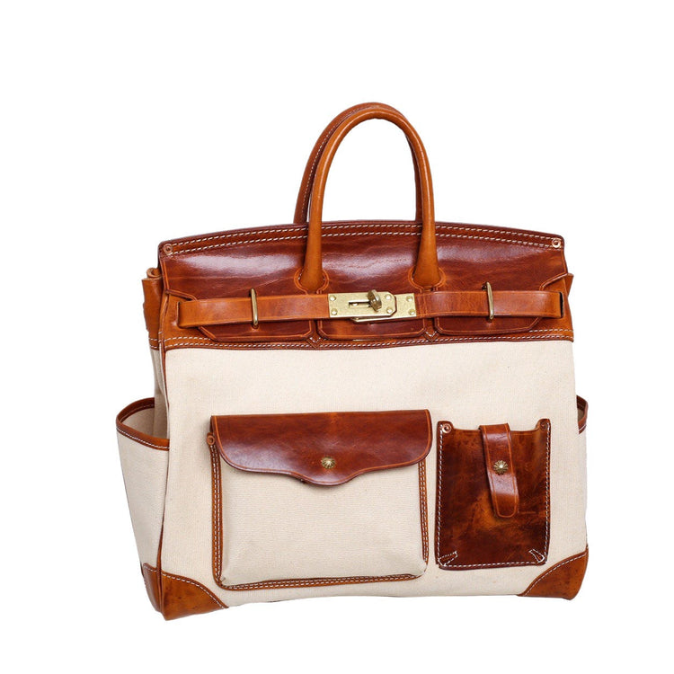 Unisex New Oversize Genuine Vintage Oil Wax Leather Top Handle Canvas Bag-0