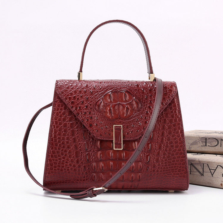 Genuine Crocodile Skin Bone Leather Top Handle Bags Wine Red-0