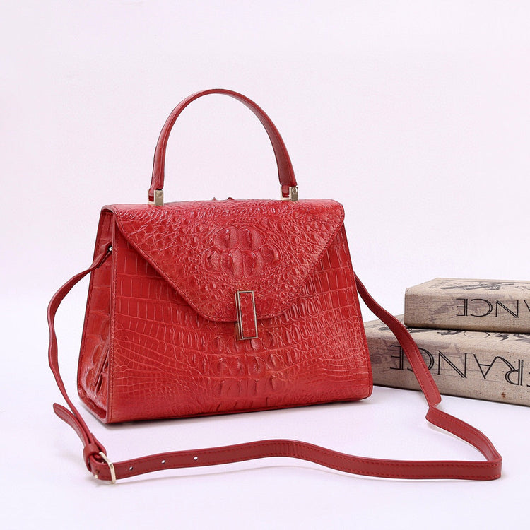 Genuine Crocodile Skin Bone Leather Top Handle Bags Red-1