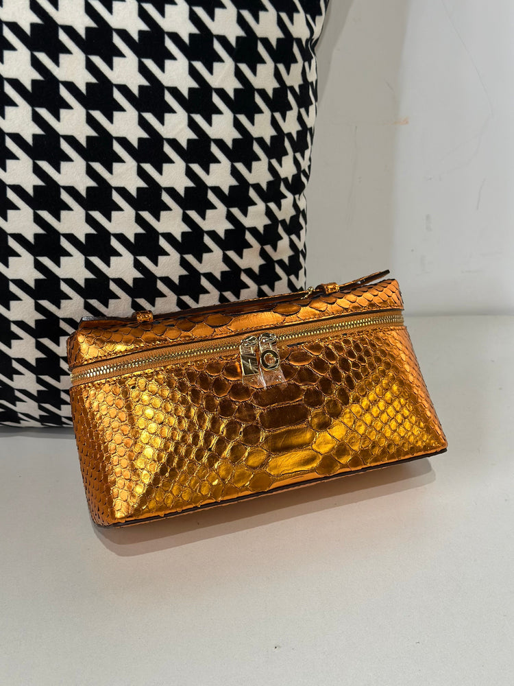 Genuine Python Skin Leather Zipper Cosmetic Handle Bag-14