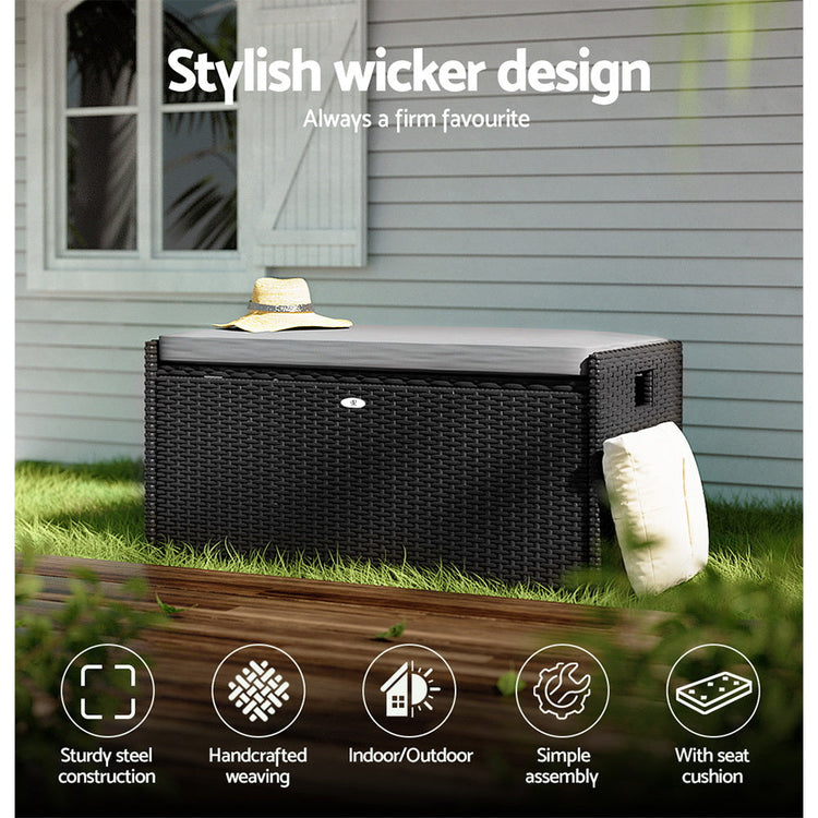 NNEDSZ Gardeon Outdoor Storage Bench Box Wicker Garden Sheds Tools Cushion Patio Furniture Black-4