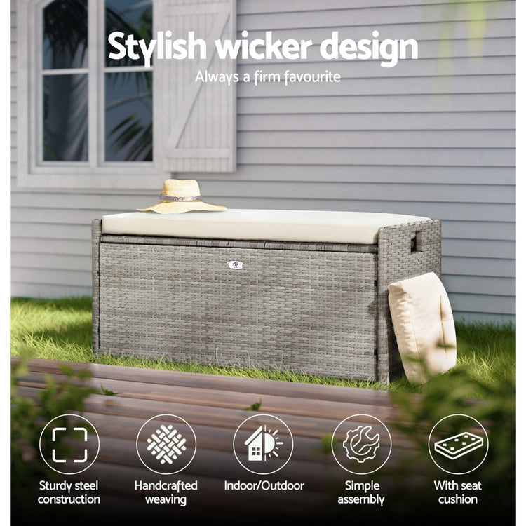 NNEDSZ Outdoor Storage Bench Box Wicker Garden Sheds Tools Cushion Patio Furniture Grey-3
