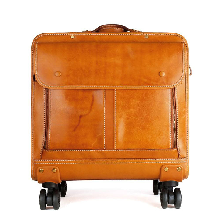 Genuine Vintage Italian Vegetable Tanned Leather 20-inch Carry-on Universal wheel Cabin Rolling Spinner Travel Luggage-4