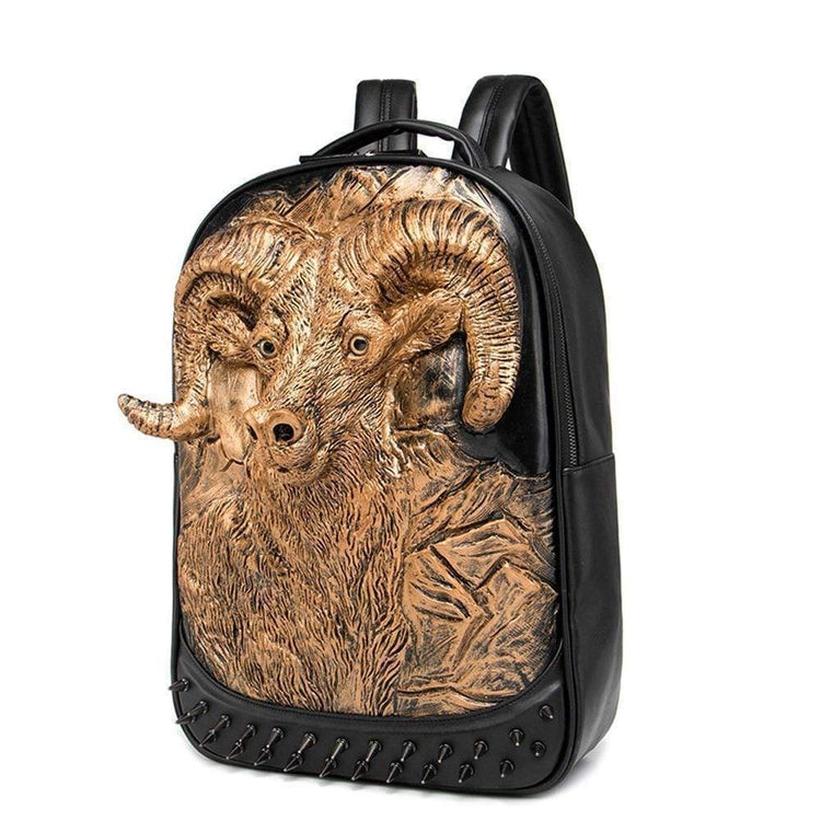 Large Studded Backpack 3D Goat Head Sculpture Backpack Laptop Travelling Rucksack Bag-4