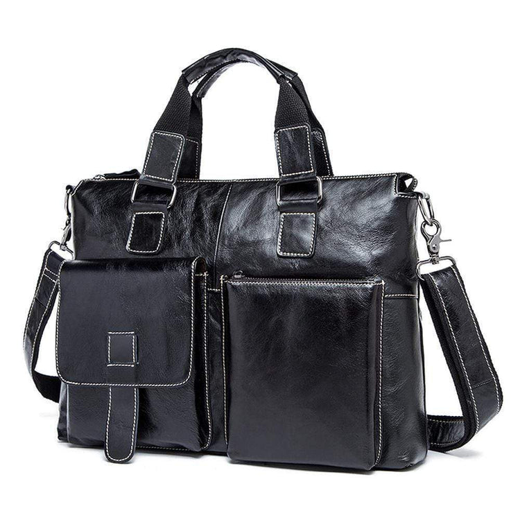Rossie Viren Men's Bunished Vintage Leather14" Laptop Shoulder Top Handle Bags Black-1
