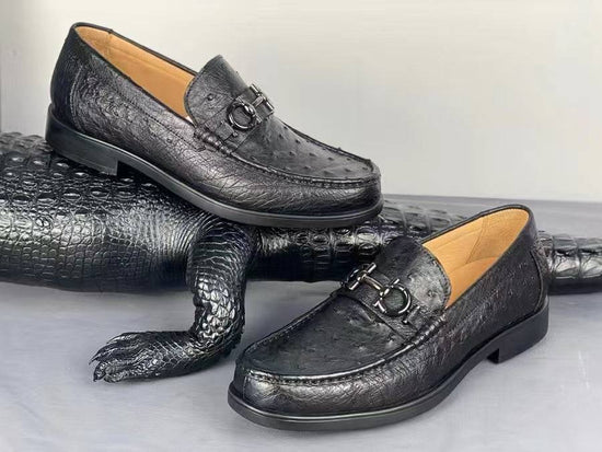 Ostrich Leather Shoes Ostrich Loafer Slip-On Shoes Black-1
