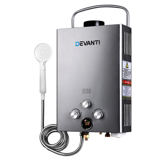 Devanti Portable Gas Water Heater 8L/Min LPG System Grey-0