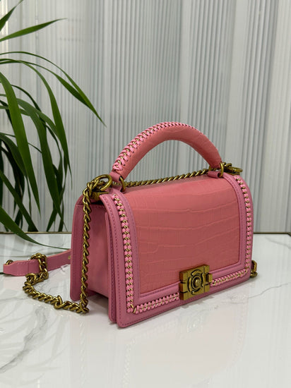 Genuine Crocodile Leather Top Handle Cross Body Flap Chain Bag Pink-1