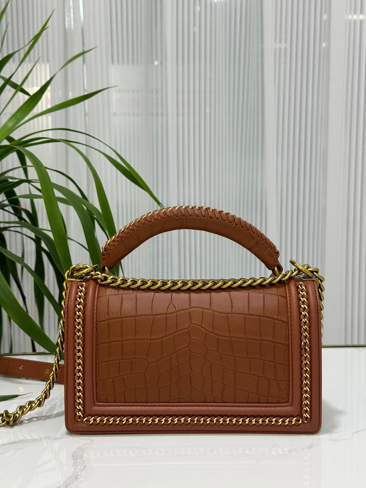 Genuine Crocodile Leather Top Handle Cross Body Flap Chain Bag Brown-2