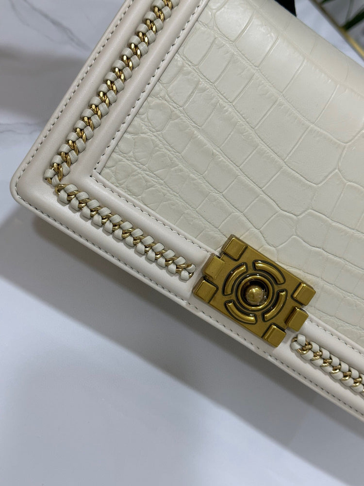 Genuine Crocodile Leather Top Handle Cross Body Flap Chain Bag Cream-4