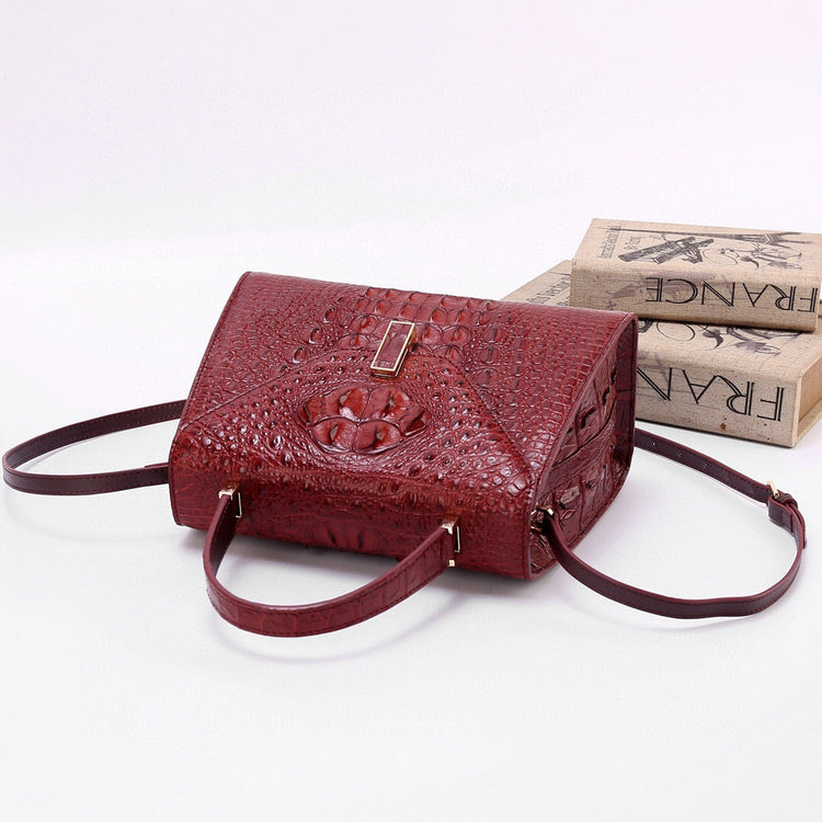 Genuine Crocodile Skin Bone Leather Top Handle Bags Wine Red-4