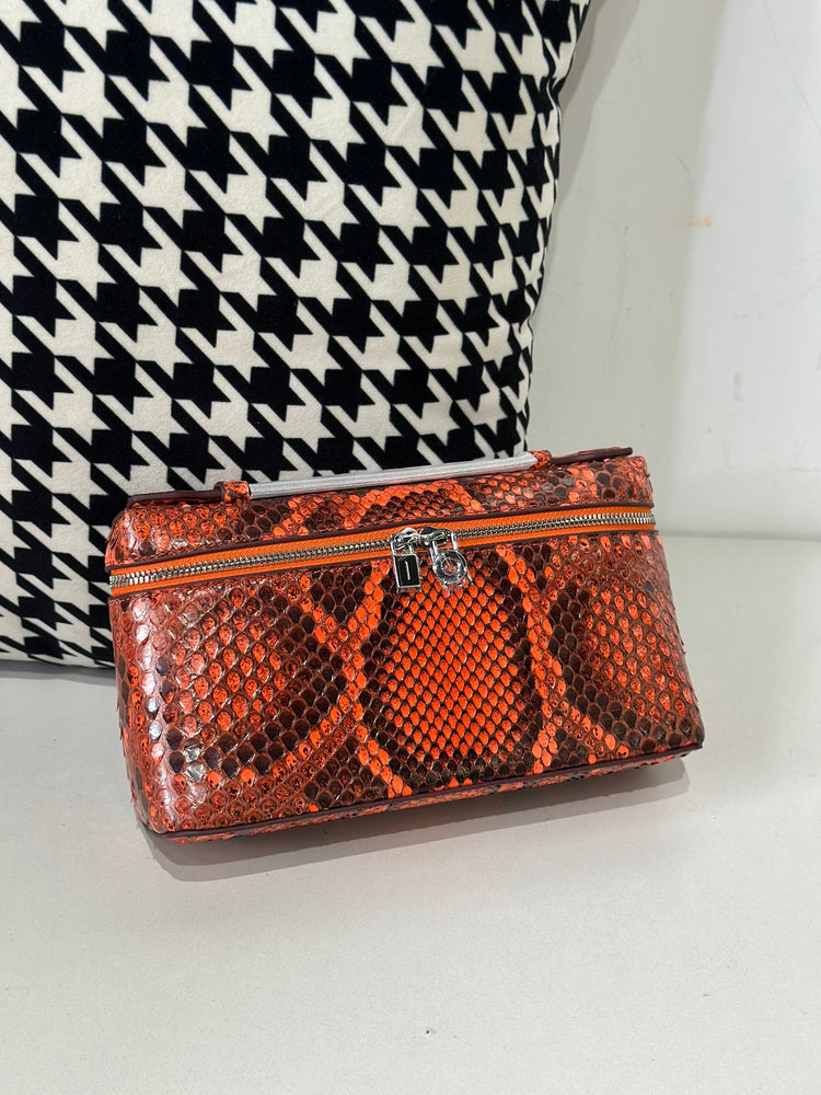 Genuine Python Skin Leather Zipper Cosmetic Handle Bag-16