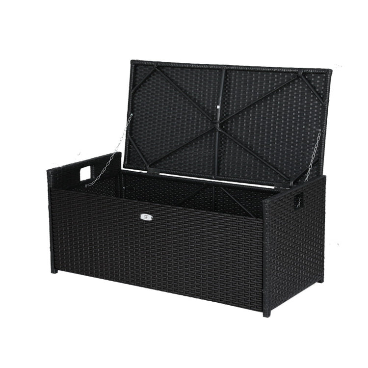 NNEDSZ Gardeon Outdoor Storage Bench Box Wicker Garden Sheds Tools Cushion Patio Furniture Black-2
