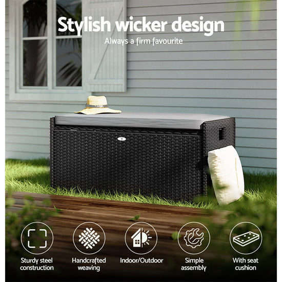 NNEDSZ Gardeon Outdoor Storage Bench Box Wicker Garden Sheds Tools Cushion Patio Furniture Black-4