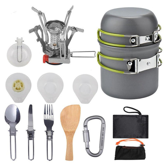 Outdoor Camping Cookware Backpacking Bowl Pot+ Mini Canister Stove Burner Foldable-0