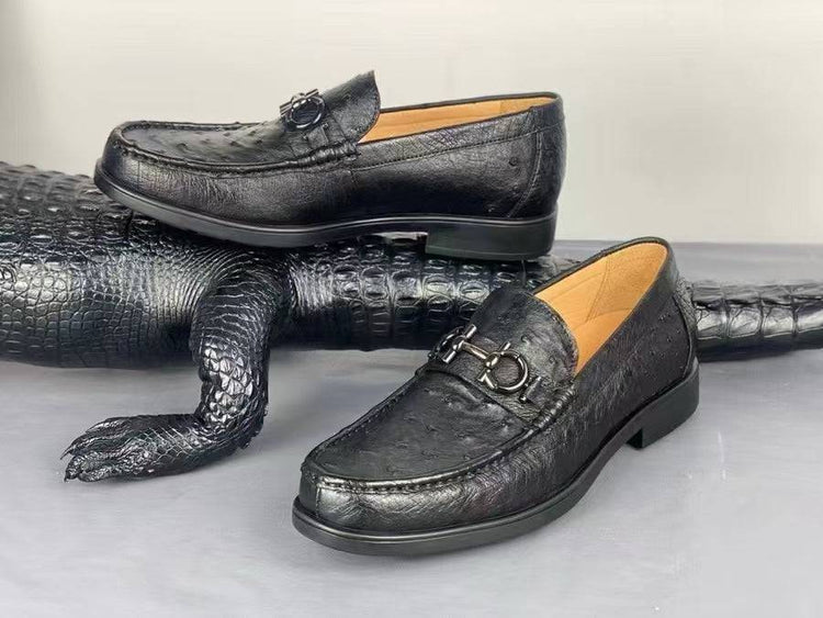 Ostrich Leather Shoes Ostrich Loafer Slip-On Shoes Black-2