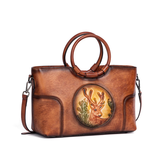 Fashion Large Capacity Round Handle Vintage Leather Shoulder Tote Bag-4
